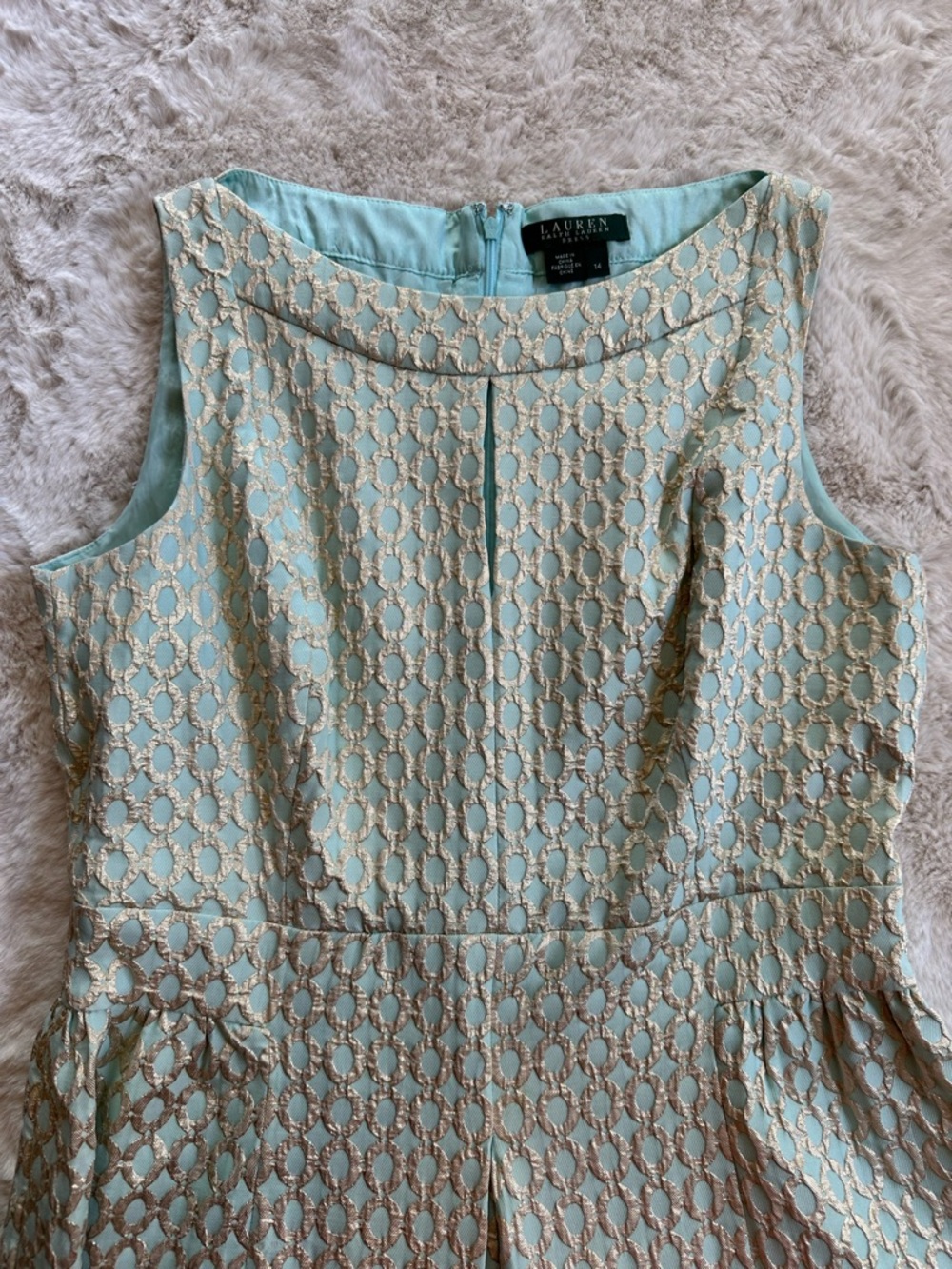 Lauren Ralph Lauren Aqua Blue & Gold Brocade Metallic Jacquard Dress Size 14 - Picture 3 of 10
